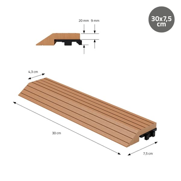 ML-Design WPC kantlist rak ljusbrun för uteplatsplattor, 30x2x7,5 cm, träutseende, WPC kakelkant ribbad med klicksystem & dränering,