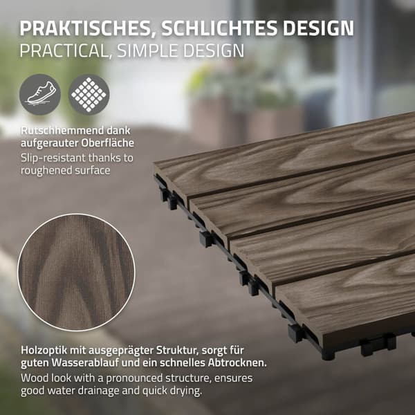ECD Germany WPC terassilaatat 30x30 cm/22 kpl=2m², tummanruskea puun näköinen, lattianpäällyste klikkausjärjestelmällä ja salaojituksella, terassin