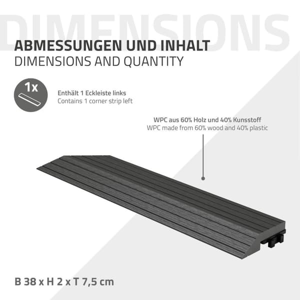 ML-Design WPC reunanauha kulma vasen antrasiitti terassilaatoille, 38x2x7,5 cm, puun näköinen, aaltopahvin muotoinen kulmanauha salaojituksella ja