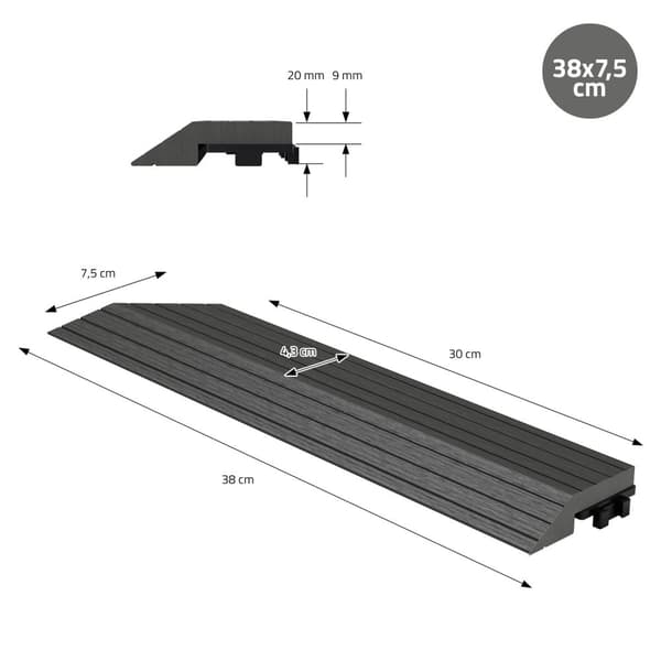 ML-Design WPC reunanauha kulma vasen antrasiitti terassilaatoille, 38x2x7,5 cm, puun näköinen, aaltopahvin muotoinen kulmanauha salaojituksella ja