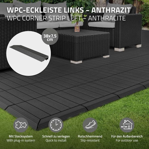 ML-Design WPC reunanauha kulma vasen antrasiitti terassilaatoille, 38x2x7,5 cm, puun näköinen, aaltopahvin muotoinen kulmanauha salaojituksella ja