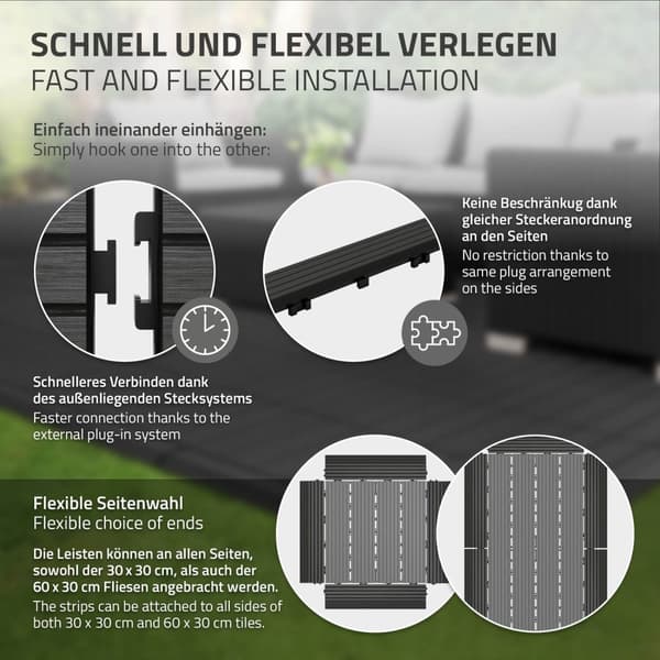 ML-Design WPC kantlist rak antracit för uteplatsplattor, 30x2x7,5 cm, träutseende, WPC kantlist för plattor räfflad med klicksystem, dränering,
