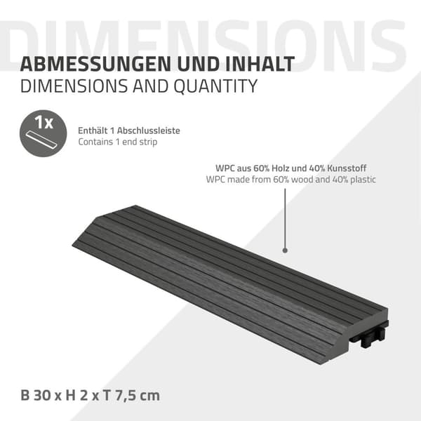 ML-Design WPC kantlist rak antracit för uteplatsplattor, 30x2x7,5 cm, träutseende, WPC kantlist för plattor räfflad med klicksystem, dränering,