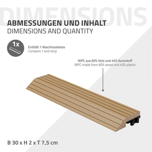 ML-Design WPC kantlist rak teak för uteplatsplattor, 30x2x7,5 cm, träutseende, WPC kantlist för plattor räfflad med klicksystem, dränering,