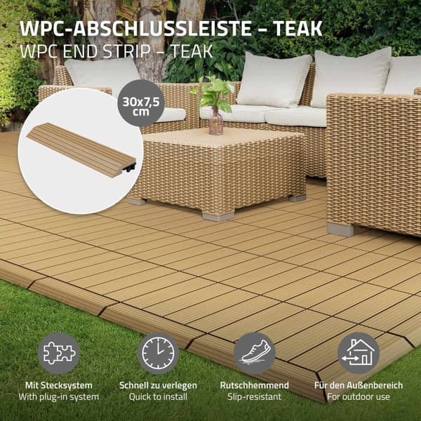 ML-Design WPC kantlist rak teak för uteplatsplattor, 30x2x7,5 cm, träutseende, WPC kantlist för plattor räfflad med klicksystem, dränering,