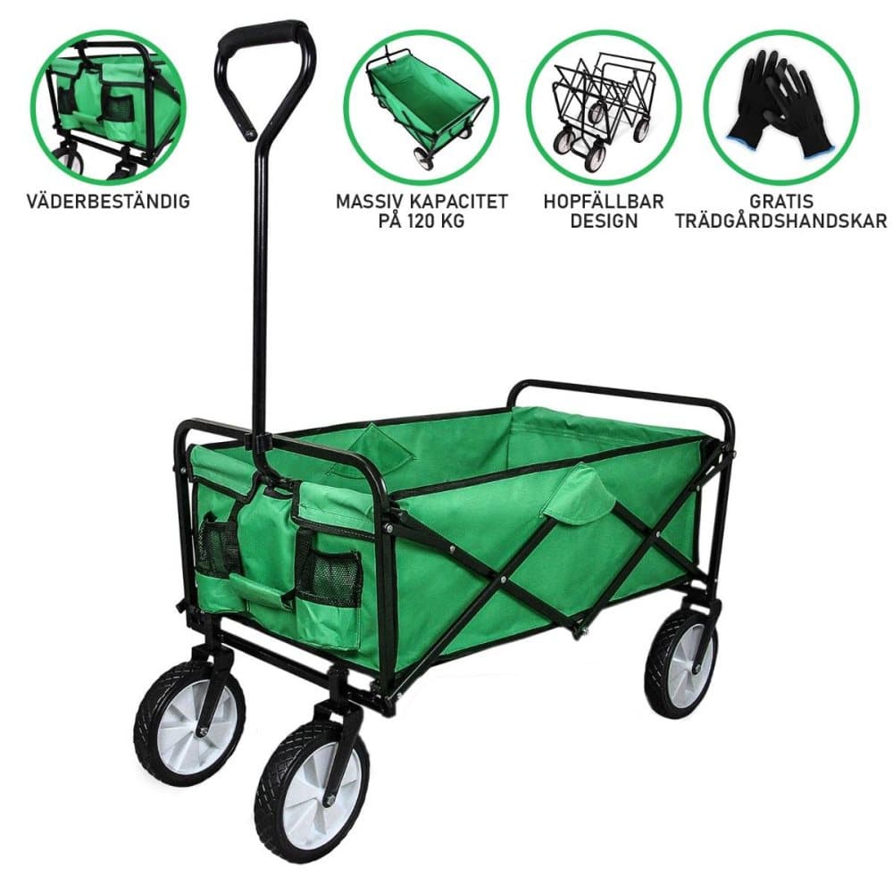 Grön Hopfällbar Trädgårdsvagn för Trädgårdsutrustning Plantering Trädgårdsskötsel Dragvagn Robust Vagn Skottkärra Trailer Hjul Hopfällbar Picknickvagn