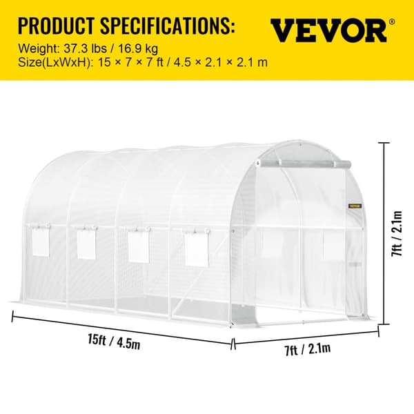 Transportabel Tunnel Drivhus, Galvaniseret Stålramme, Vandtæt PE Cover, 14,8 x 6,6 x 6,6 ft,Hvid