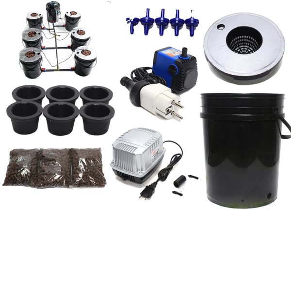 Hydroponiskt DWC Odlingssystem Kit, 7 Hinkar, Justerbar Luftpump,Svart