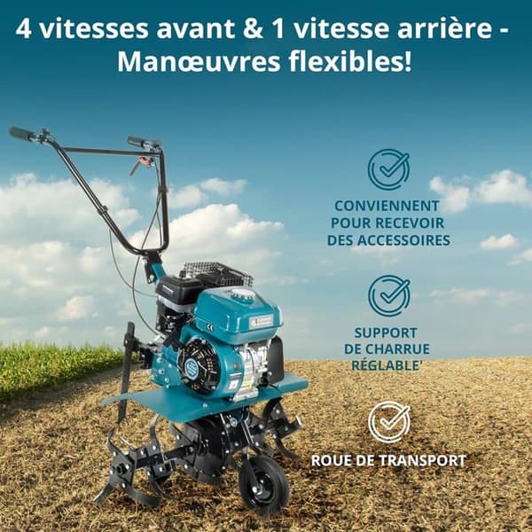 Bensindriven motoculteur KS 7HP-850A med drivning via rem och kedja, smidda rototillinor, arbetsbredd ≤ 80 cm