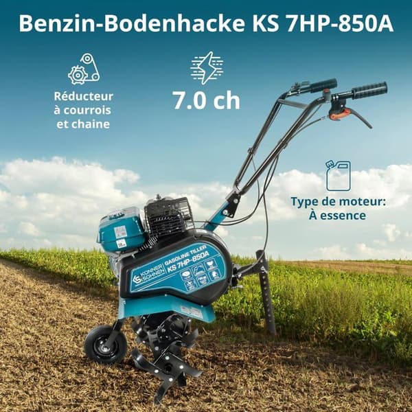 Bensindriven motoculteur KS 7HP-850A med drivning via rem och kedja, smidda rototillinor, arbetsbredd ≤ 80 cm