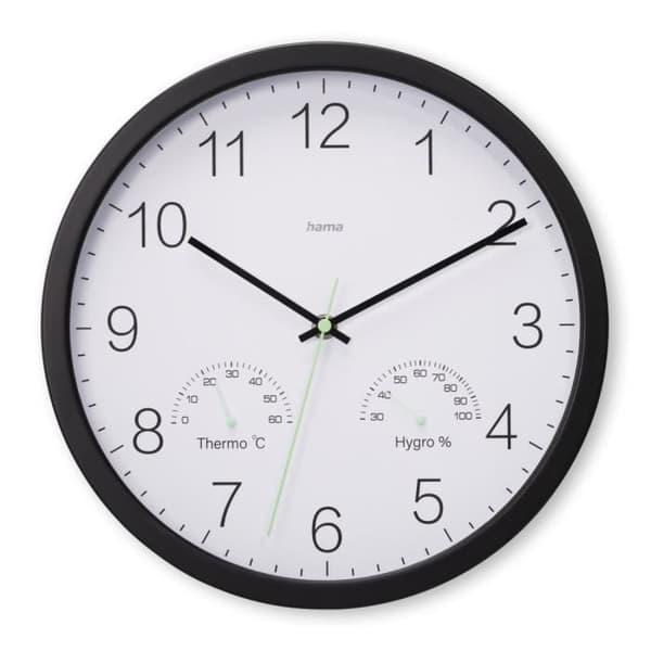 Väggklocka "Santorin", tyst, med termometer och hygrometer, Ø 30cm, nr