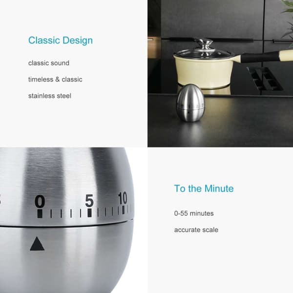 Eggetimer i SILVER Eggetimer Kjøkkentimer i rustfritt stål med elegant eggformet design Korttidsalarm for kjøkkenet på opptil 55 minutter