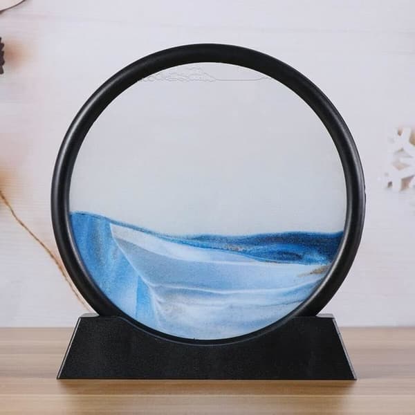 Flödande sandmålning, rörlig sandkonstbild 3D-rundt glas rörligt djuphavssand Landskap-blått