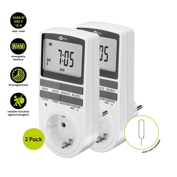 Goobay Digital timer, set om 2 programmerbar timer med kontakt med skyddsjord (typ F)