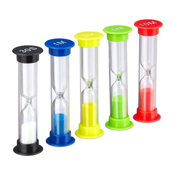 Relaxdays Hourglasses Set med 5 för barn, tandborstningstimer, tetimer, x 5 sandklockor, flerfärgad