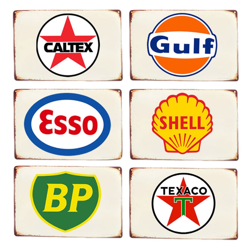 6 Tuffa retro Skyltar Med bensin logotyper 20x30 cm
