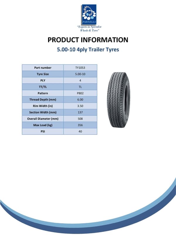 5.00-10 Trailer Tyre 4ply High Speed E-Marked Road Legal 355kgs 72N Wanda P802