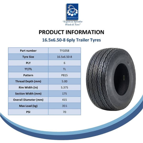 16.5x6.50-8 perävaunun renkaat 6-ply P815 Road Legal 72M 355kgs 165/65-8 (4 kpl)