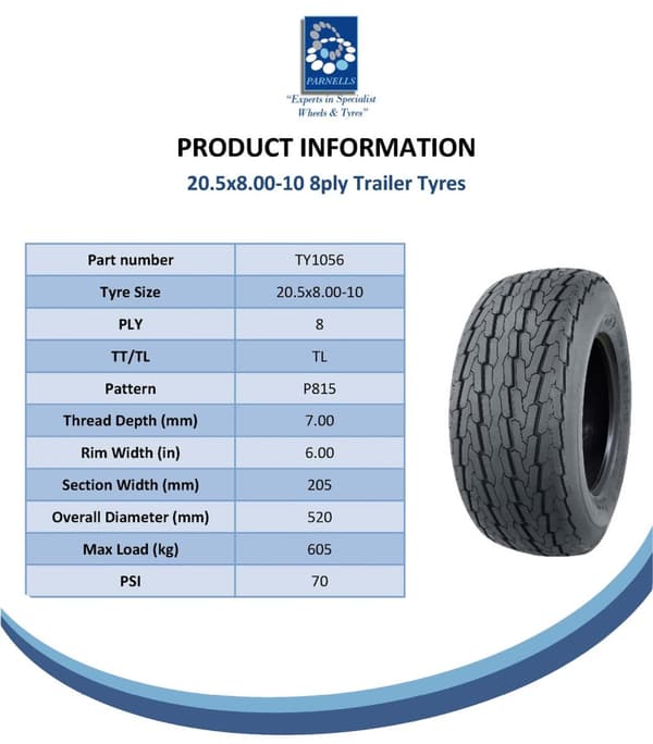 20.5x8.00-10 Släpvagnsdäck 8-lagers P815 Road Legal 90M 605kgs 205/65-10 (Set om 4)