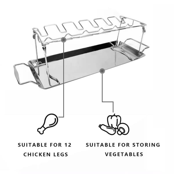 Rack för kycklingben i rostfritt stål med droppbricka i silver - För enkel grillning av kycklinglår under grillning