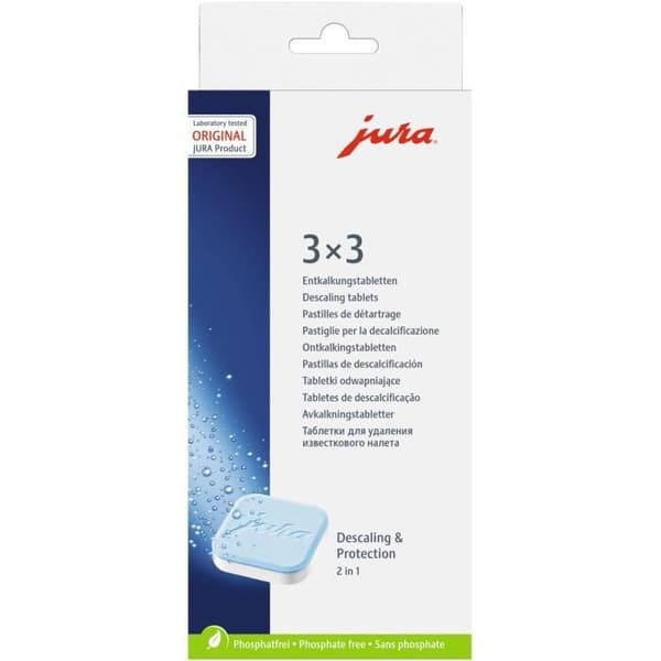 Förpackning med 9 avkalkningspastiller JURA