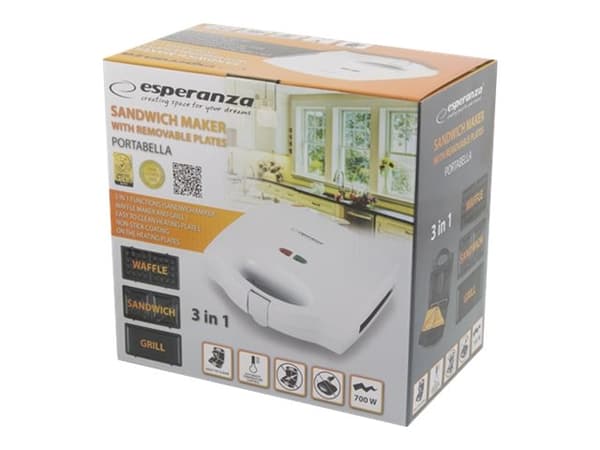 Esperanza PORTABELLA - Sandwichmaskin / vaffelmaskin / grill - 700 W - hvit