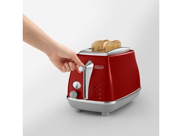De’Longhi Icona Capitals, 2 skiver, Rød, Rustfritt stål, Knapper, Nivå, Rotasjon, 900 W, 220 - 240 V