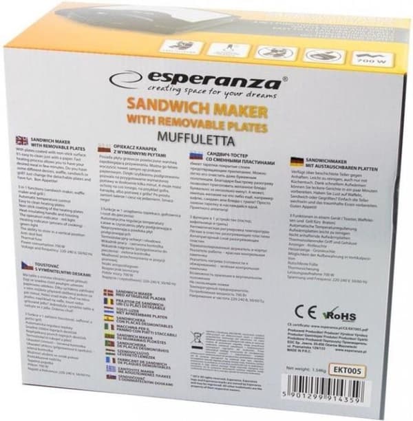Esperanza EKT005 sandwichmaskine 700 W Sort, Grå