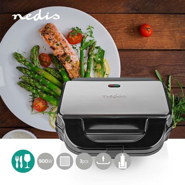 Nedis Multi Grill | Grill / Sandwich / Waffle | 900 W | 28 x 15 cm | Automatisk temperaturregulering | Plastik / Rustfri Stål