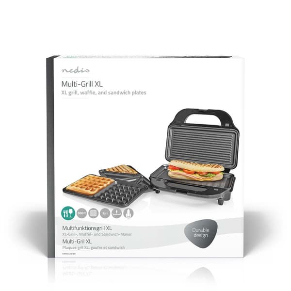 Nedis Multi Grill | Grill / Sandwich / Waffle | 900 W | 28 x 15 cm | Automatisk temperaturregulering | Plastik / Rustfri Stål