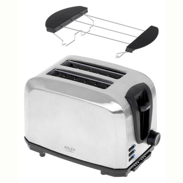 Brödrost 2 Skivor, 2 Fack, 3 Funktioner, 7 Rostningsnivåer, Rostfritt Stål Adler AD3222 1000W Silver 02178