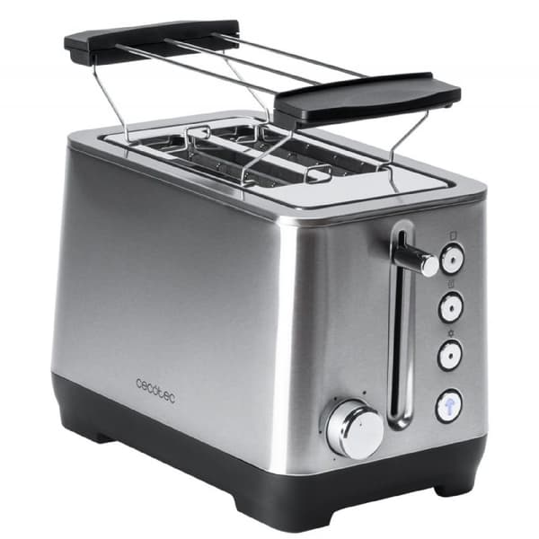 Cecotec Steel toaster with 2 extra-wide short slots, with capacity for 2 slices of toast, 1000 W and bun holder.