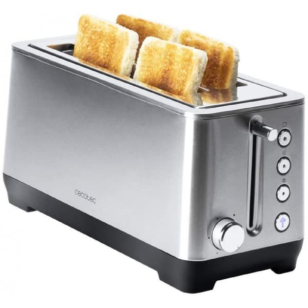 Cecotec Steel toaster with 2 extra-wide long slots, with capacity for 4 slices of toast, 1600 W and bun holder.