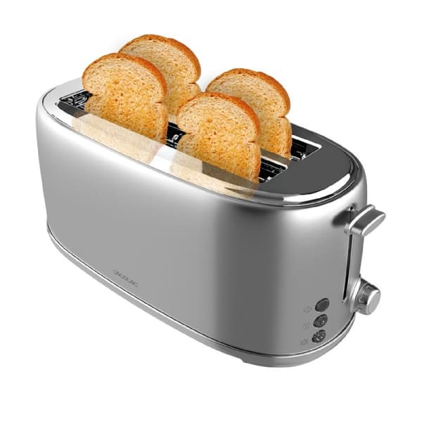 Cecotec Steel toaster with 2 long wide slots with capacity for 4 slices of toast.