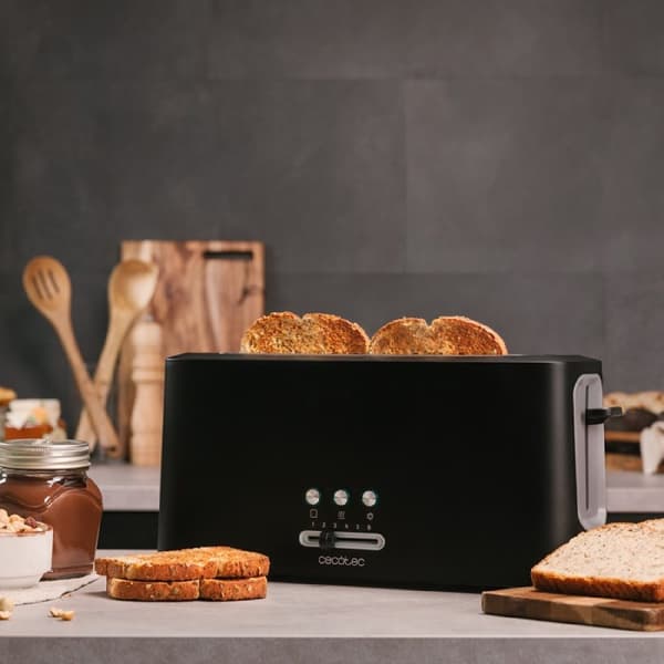 Cecotec Plastic toaster with 1 long extra-wide slot and capacity for 2 slices of toast. Stainless-steel finish and bun holder included.