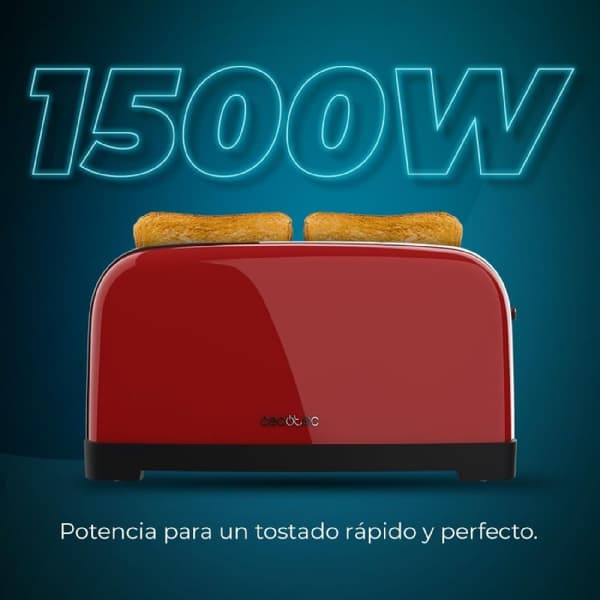 Cecotec Steel toaster with double long slot, 1500 W power, and warming rack.