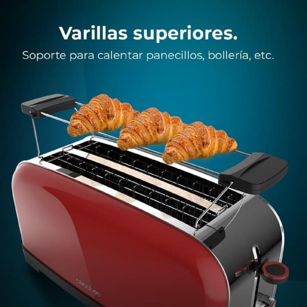 Cecotec Steel toaster with double long slot, 1500 W power, and warming rack.