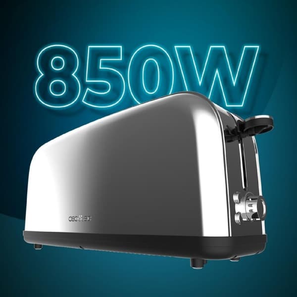 Cecotec Steel toaster with single long slot and 850 W power.