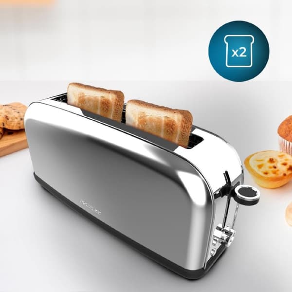 Cecotec Steel toaster with single long slot and 850 W power.