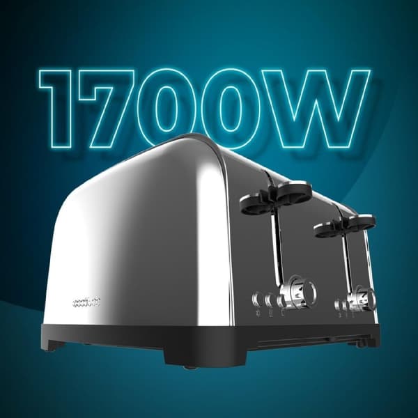 Cecotec Steel toaster with four short slots, 1700 W power, and warming rack.