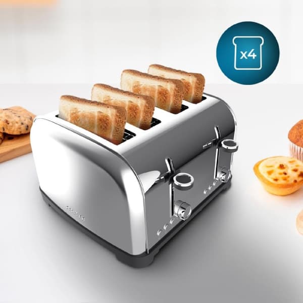 Cecotec Steel toaster with four short slots, 1700 W power, and warming rack.