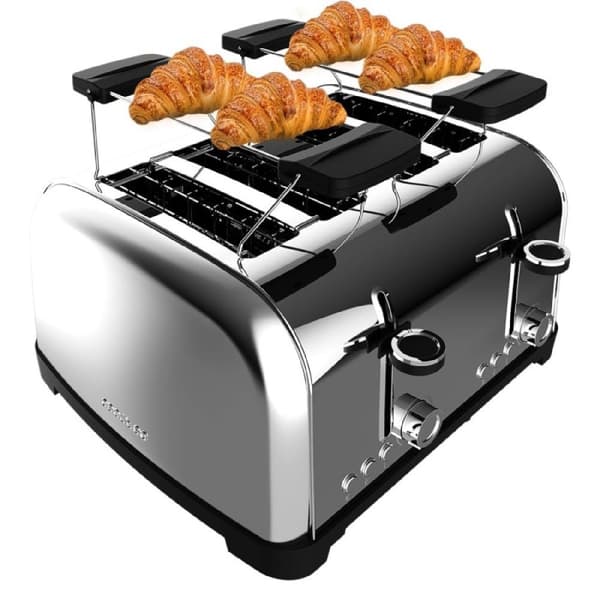 Cecotec Steel toaster with four short slots, 1700 W power, and warming rack.