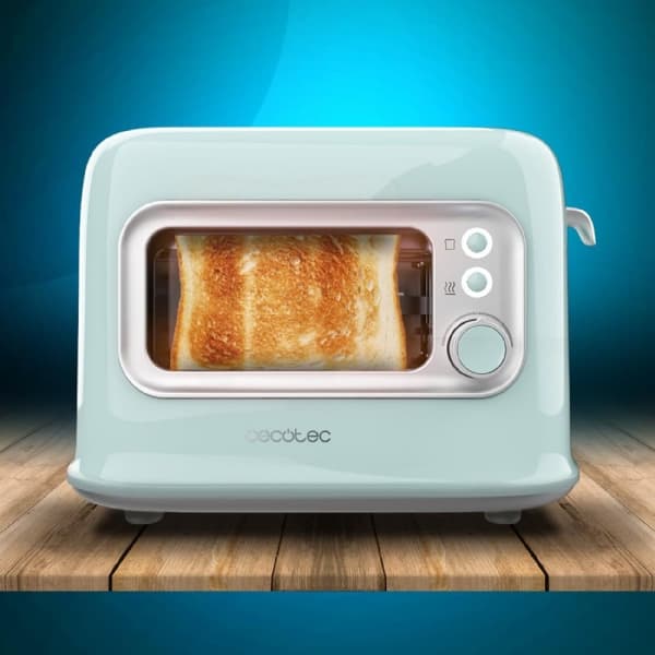 Cecotec Toaster with glass window, retro design, and dust cover.