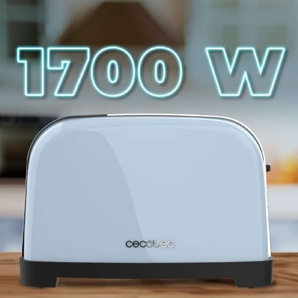 Cecotec Steel toaster with four short slots, 1700 W power, and warming rack.