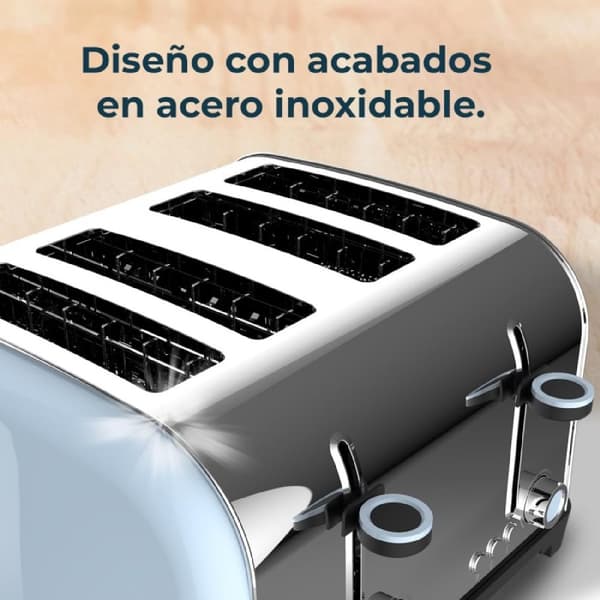 Cecotec Steel toaster with four short slots, 1700 W power, and warming rack.