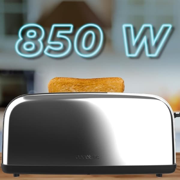 Cecotec Steel toaster with single long slot, 850 W power, and warming rack.
