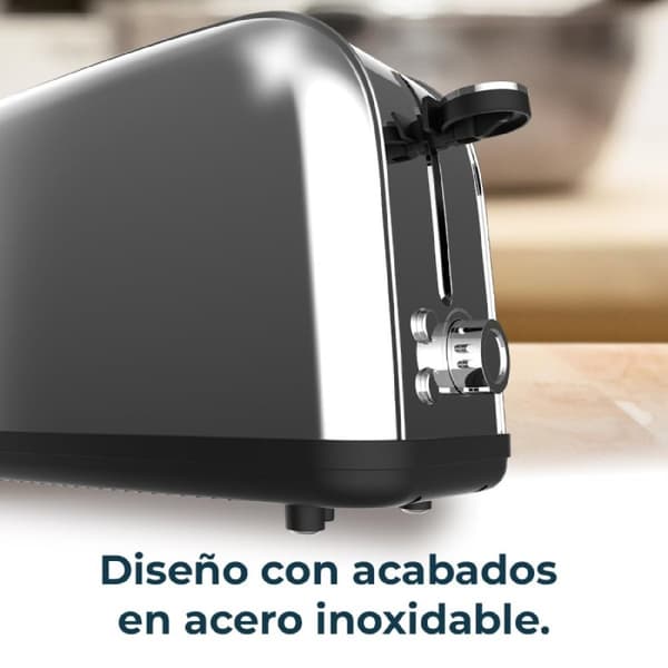 Cecotec Steel toaster with single long slot, 850 W power, and warming rack.
