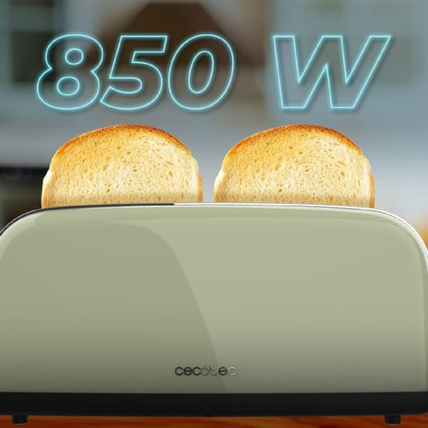 Cecotec Steel toaster with single long slot, 850 W power, and warming rack.