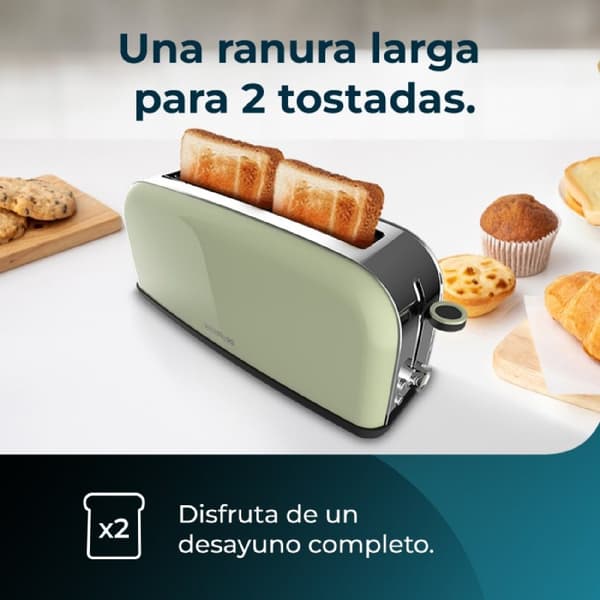 Cecotec Steel toaster with single long slot, 850 W power, and warming rack.