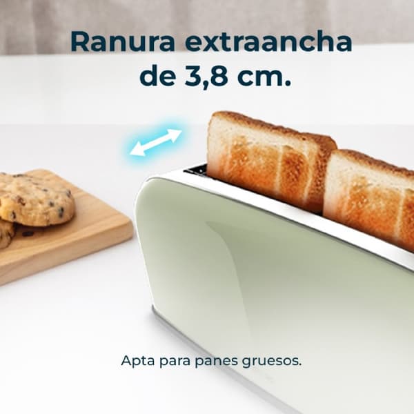 Cecotec Steel toaster with single long slot, 850 W power, and warming rack.